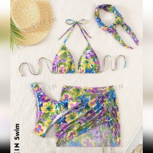 NWOT Shein psychedelic bikini with ruched skirt and head scarf Sz XL 3 PIECES! - Picture 5 of 16